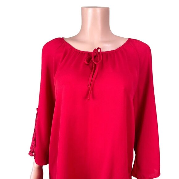 Tacera Womens SZ 1X Red Chiffon Blouse -Lace 3/4 Sleeve-Bow Tie -Round Neck - Picture 4 of 14